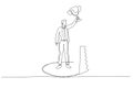 Drawing of businessman holding trophy but get betrayed by someone. Single continuous line art style