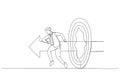 Drawing of businessman like superhero running and breaking target archery. Metaphor of success goal and success. Single line art