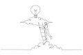 Drawing of businessman open bright lightbulb idea and found money coins. Single continuous line art style