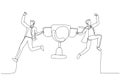 Drawing of businessman partner celebrate winning victory trophy concept of team success. Single continuous line art style