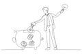 Drawing of businessman rising on bulb balloon try to find opportunity. Single continuous line art style