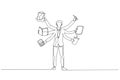 Drawing of businessman with several hand concept of multitasking. Continuous line art style