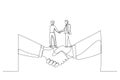 Drawing of businessman shaking hands and making deal standing on giant hand. Metaphor for small and big business. Single line art Royalty Free Stock Photo