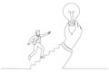 Drawing of businessman step on stair of big hand holding inspiring bright lightbulb. Inspiration idea. Continuous line art style