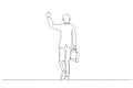 Drawing of businessman in suit holding fist in the air and celebrating, holding suitcase and walking. Single continuous line art