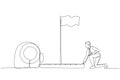 Drawing of businessman using measuring tape to analyze distance from target flag. Single continuous line art style