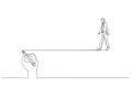 Drawing of businessman walking following on guide line written by man concept of guidance. Continuous line art