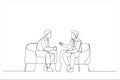 Drawing of businessmen discussing deal, sharing startup ideas, business partners negotiations or job interview. Single line art