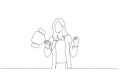 Drawing of businesswoman celebrate success holding winning trophy. Single continuous line art style