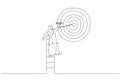 Drawing of businesswoman climb up ladder high into the sky to aiming for perfect bullseye target dartboard. Metaphor for