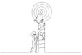 Drawing of businesswoman climbs a ladder in target. Metaphor for teamwork. Continuous line art