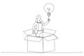 Drawing of businesswoman get out of paper box with new illumination lightbulb idea. Think outside the box. Single line art style Royalty Free Stock Photo