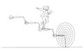 Drawing of businesswoman goes up the stairs of arrows to the target. Concept of business path to the goal. Single continuous line