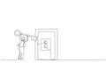 Drawing of businesswoman and his business team holding big key together and try to unlock the metal door. Metaphor for teamwork to Royalty Free Stock Photo