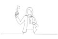 Drawing of businesswoman holding big key about to unlock keyhole on his body. Metaphor for reach true potential, personal career