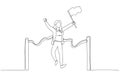 Drawing of businesswoman holding number flag first place in finish line. Single line art style Royalty Free Stock Photo