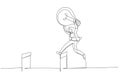 Drawing of businesswoman jumping over hurdle. Single line art style