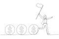 Drawing of businesswoman leader holding flag control flow of money concept of cash flow. Single line art style