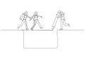 Drawing of businesswoman manager draw bridge help team cross cliff concept of leadership. One continuous line art style