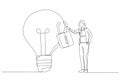 Drawing of businesswoman owner standing with light bulb idea locked with padlock for patents. Intellectual property. Single