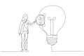 Drawing of businesswoman putting dollar coin into slot in light bulb. Investing concept. Single line art style