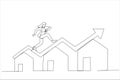 Drawing of businesswoman running on rising green graph on house roof. Housing price rising up. Single continuous line art