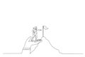 Drawing of businesswoman stand on giant helping hand to reach mountain peak target flag. Single continuous line art style