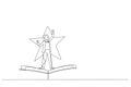 Drawing of businesswoman standing on flying book on star. Single line art style Royalty Free Stock Photo