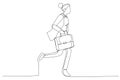 Drawing of businesswoman with suit runs to her office at rush hour carrying a briefcase. Single continuous line art style