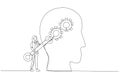 Drawing of businesswoman with using wrench fixing gear cogwheels metaphor for change mindset attitude. Single continuous line art