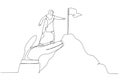 Drawing of businesswoman wear jilbab stand on giant helping hand to reach mountain peak target flag. Coaching mentor support