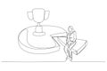 Drawing of businesswoman working effective and efficient and being productive get trophy. One continuous line art style