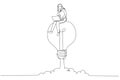 Drawing of businesswoman working on a soaring light bulb rocket. Working with creativity. Single continuous line art style