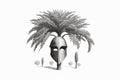 Drawing of a Butia capitata tree and its mask, presented in a white background