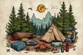 A Drawing of a Campsite With a Tent and a Campfire, A rustic design featuring camping gear and wilderness for an outdoor adventure