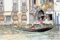 Drawing of gondola in Canal Grande in Venice, Italy