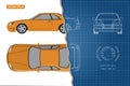 Drawing of the car on a blue background. Top, front and side view. Industrial blueprint of vehicle Royalty Free Stock Photo