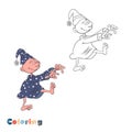 Cartoon character suffering from sleepwalking walks in a dream. Coloring vector illustration with color illustration