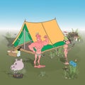 Cartoon man and woman in nature with a tent have a picnic. Vector illustration