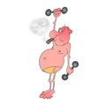 Smoking man is engaged in sports with dumbbells. Illustration on a white background