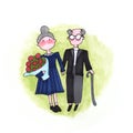 Drawing cartoon childrens style elderly couple family grandmother holding flowers grandfather wearing suit wedding anniversary