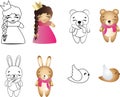 Cartoon cute toy baby girl, bear, bunny and bird