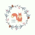 Drawing of cartoon fox and wreath of fir branches,pine cone and red berries