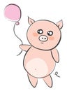 Drawing of a cartoon pig holding a pink balloon vector or color illustration