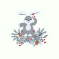 Drawing of cartoon rabbit sitting on of fir branches,pine cone and red berries