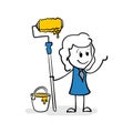 Drawing of cartoon stick figure of business woman holding roller with paint and a bucket of paint near her. Stick figure artist