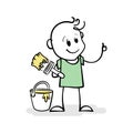 Drawing of cartoon stick man standing and holding brush with paint. Smiling stickman painter with brush and paint bucket.