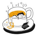 The drawing character a man in cup of coffee