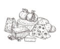 Drawing cheese. Sketch ingredients, vintage dairy food products. Doodle edam gouda slices, lunch breakfast snacks exact