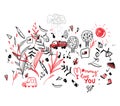 Drawing of the child to the mother`s day vector pattern line-art monochrome, monochrome with a red accent. Berries are